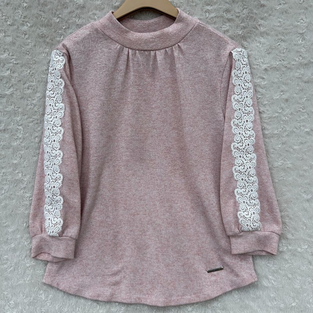 Adrienne Vittadini Pink Heathered Mock Neck Lace Sleeve Top Medium‎